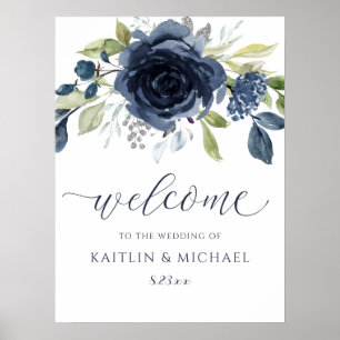 Hochzeit Begrüßung Schild Navy Blue Watercolor Flo