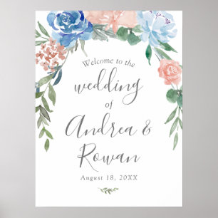 Hochzeit Begrüßung Zeichen Dusty Blau und Rosa Blü Poster