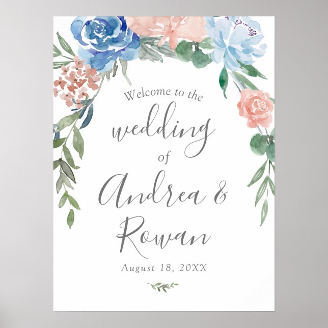 Hochzeit Begrüßung Zeichen Dusty Blau und Rosa Blü Poster (Vorne)