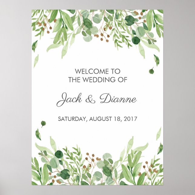 Hochzeit Begrüßungszeichen Wasserfarbe Grüne Blüte Poster (Vorne)