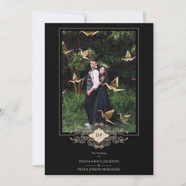 Hochzeit-Black-Blüh-Gold-Spitzen-Initialen Einladung (Vorderseite)