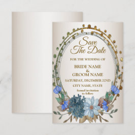 Hochzeit Blau Floral Golden Geometrisches Muster Save The Date