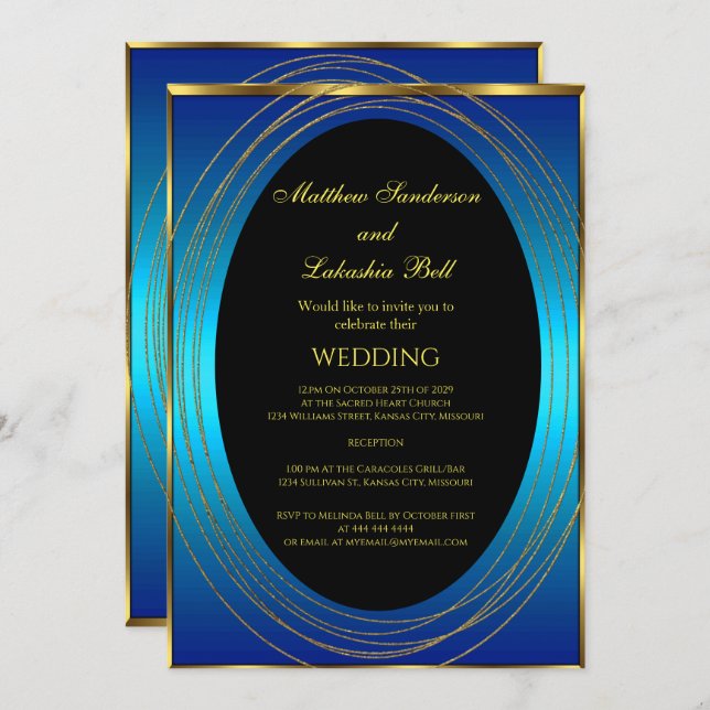 Hochzeit Blau Gold Schwarz Elegant Moderne Einladung (Vorne/Hinten)