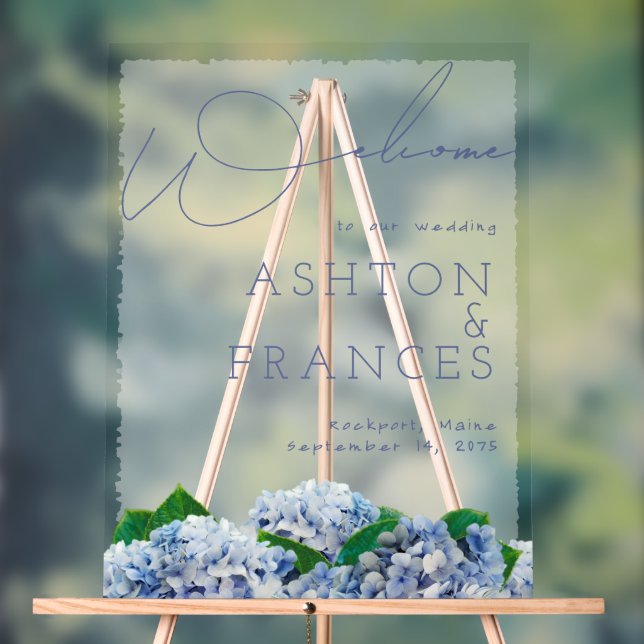 Hochzeit Bliss Blue Hydrangea Border Willkommen Acrylschild (Neutral)