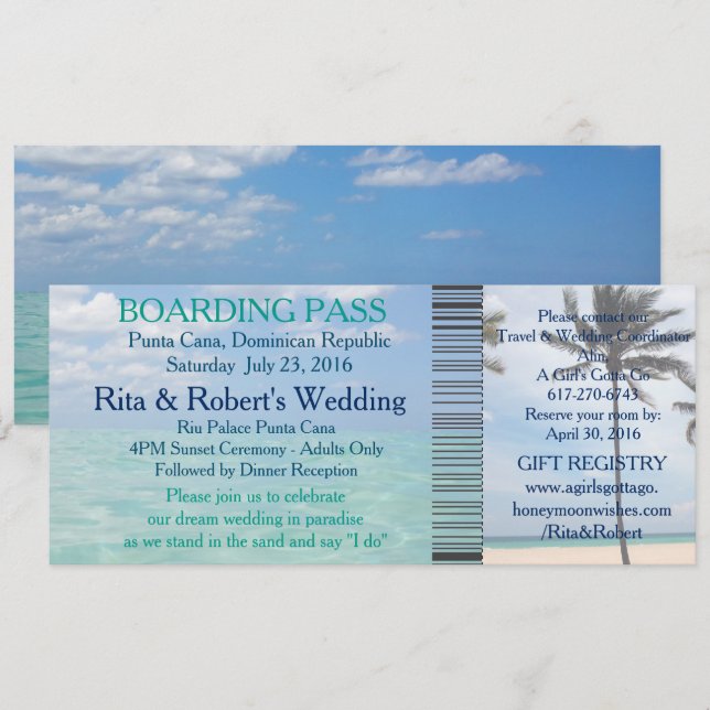 Hochzeit Boarding Pass Ticket Beach Zielort Einladung (Vorne/Hinten)