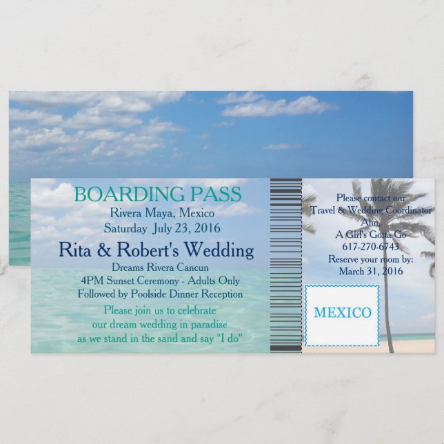 Hochzeit Boarding Pass Ticket Beach Zielort Einladung (Vorne/Hinten)