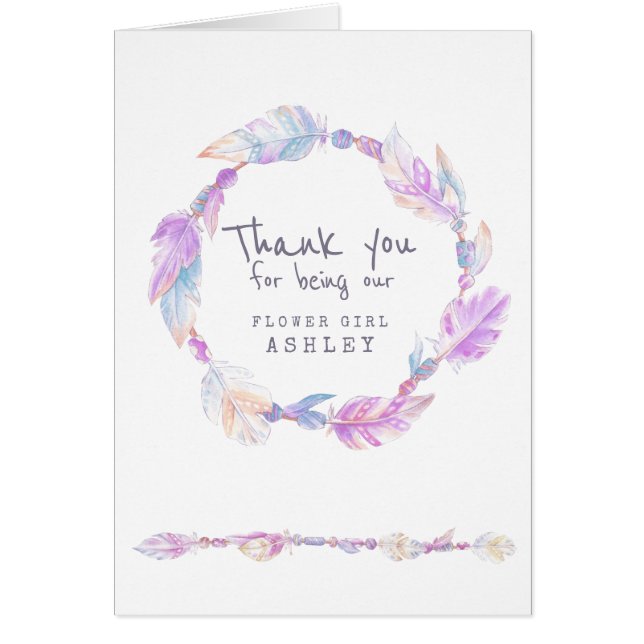 Hochzeit boho Blume Mädchen lila Federn Danke (Vorne)