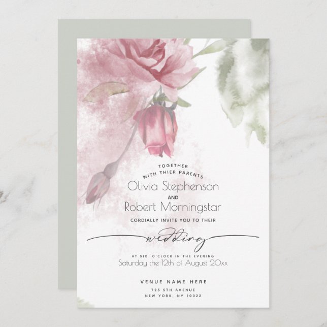 HOCHZEIT | Boho Watercolor Dusty Pink Rose and Bud Einladung (Vorne/Hinten)