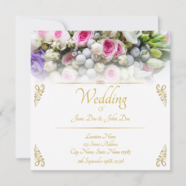 Hochzeit - Braut mit bunten Hochzeitsbukett Karte (Vorderseite)