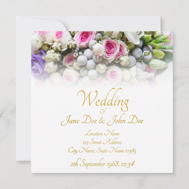 Hochzeit - Braut mit bunten Hochzeitsbukett Karte (Vorderseite)