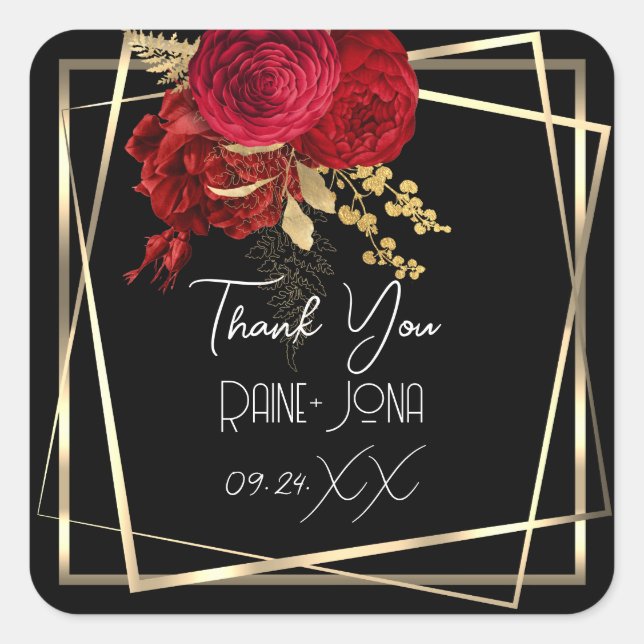 Hochzeit Brautparty Gefallen Red Floral Black Quadratischer Aufkleber (Vorderseite)