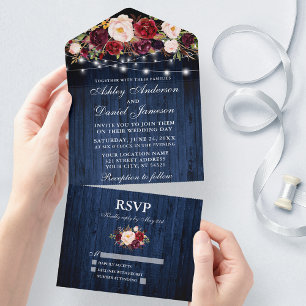 Hochzeit Burgunder Floral Blau Holz Lichter All In One Einladung