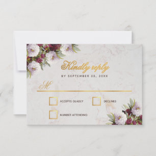 Hochzeit Burgunder Pfingstrosen Faux Gold Marmor RSVP Karte