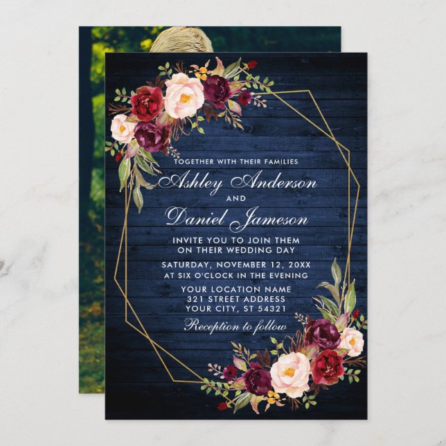 Hochzeit Burgundy Blau-Holz Geometrisches Foto Einladung (Vorne/Hinten)