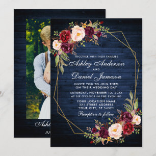 Hochzeit Burgundy Bloral Blue Wood Foto Geometric Einladung
