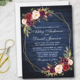 Hochzeit Burgundy Bloral Blue Wood Geometric Gold Einladung