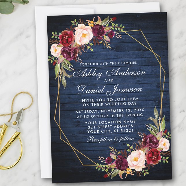 Hochzeit Burgundy Bloral Blue Wood Geometric Gold Einladung (Customize to add more text or photos to back of card.)