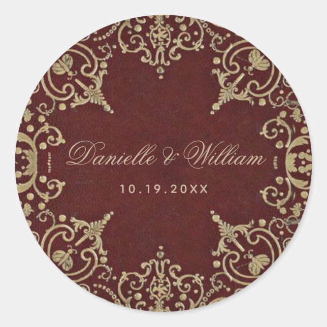 Hochzeit Burgundy Gold Vintage Elegante Kalligraph Runder Aufkleber (Vorderseite)