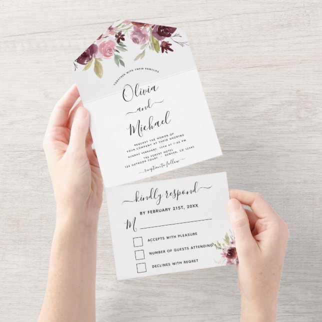 Hochzeit Burgundy Pink Floral Blume UAWG All In One Einladung (Abreißen)