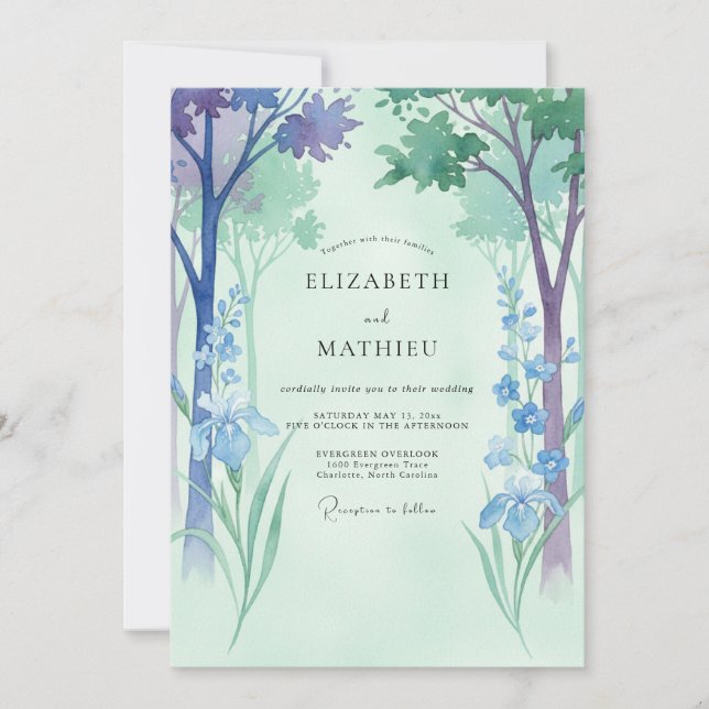 Hochzeit Celadon Periwinkle Wald Eukalyptus Einladung (Vorderseite)