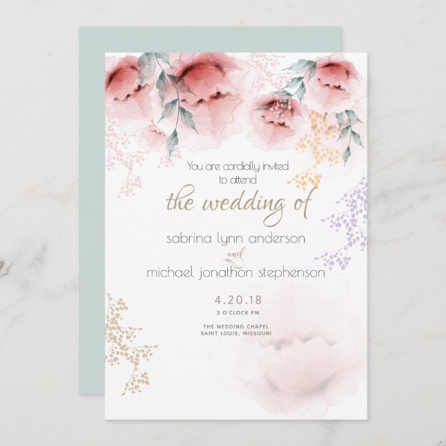 Hochzeit |Chic Trendy Coral und Lilac Aquarelle Einladung (Vorne/Hinten)