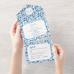 Hochzeit Chintz Blue & White Floral Einladung & UA
