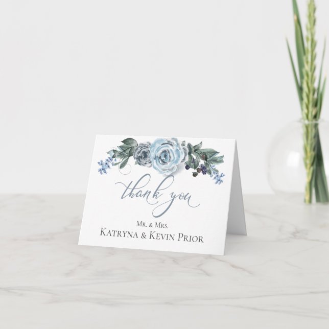 Hochzeit Danke | Aquarellfarbene blaue Rose (Vorderseite)