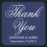 Hochzeit Danke Blue und White Script Sticker<br><div class="desc">Hochzeit Dankeschön Blue und White Script Sticker.Anpassen und personalisieren durch das Hinzufügen des Namens der Braut und Bräutigam und das Datum der Hochzeit.</div>