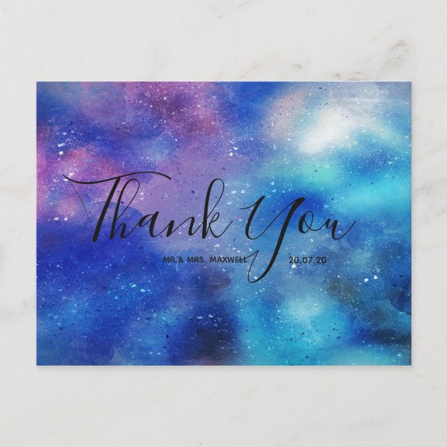 Hochzeit Danke Blue Watercolor Script Postcard Postkarte (Vorderseite)