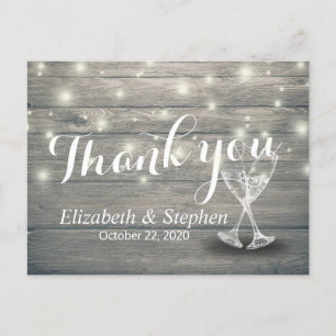 Hochzeit Danke Champagne Glasses Wood Lights Postkarte