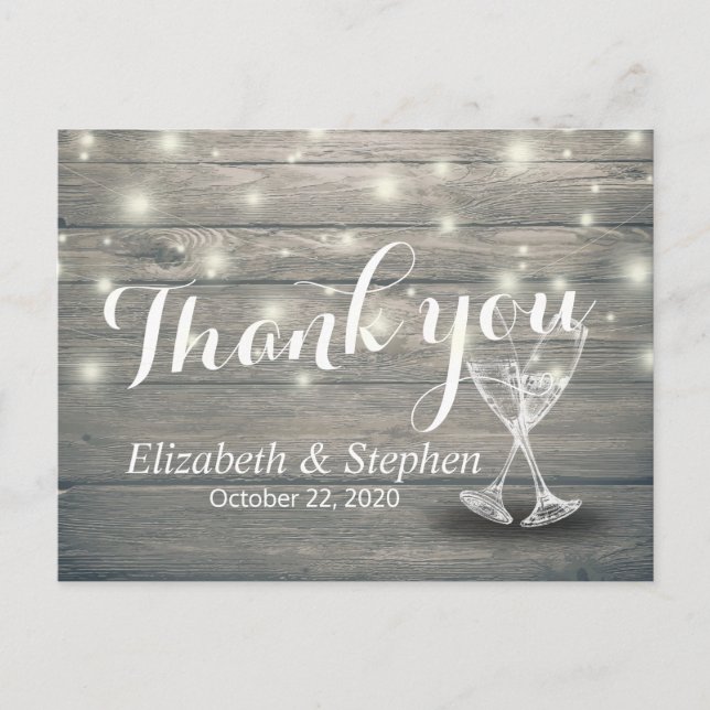 Hochzeit Danke Champagne Glasses Wood Lights Postkarte (Vorderseite)