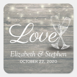 Hochzeit Danke Champagne Glasses Wood Lights Quadratischer Aufkleber