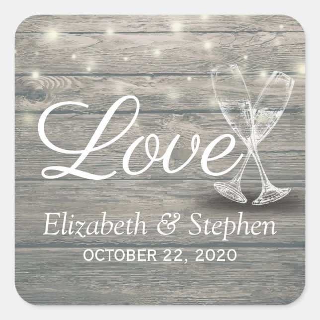 Hochzeit Danke Champagne Glasses Wood Lights Quadratischer Aufkleber (Vorderseite)