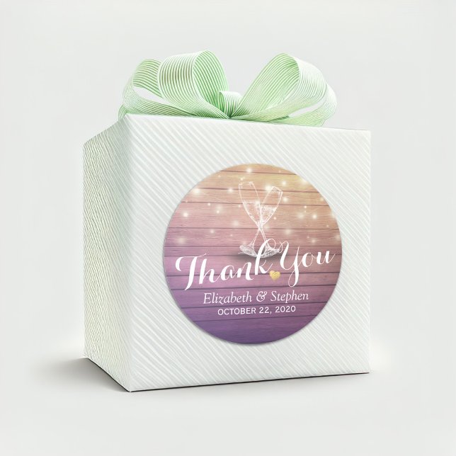 Hochzeit Danke Champagne Glasses Wood Lights Runder Aufkleber (Von Creator hochgeladen)