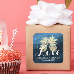 Hochzeit Danke Chic Blue Gold Ananas Couple Quadratischer Aufkleber