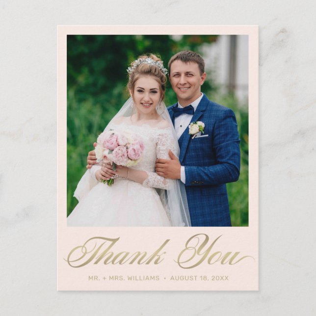 Hochzeit Danke, dass du Blush Pink Foto Gold Scrip Postkarte (Vorderseite)