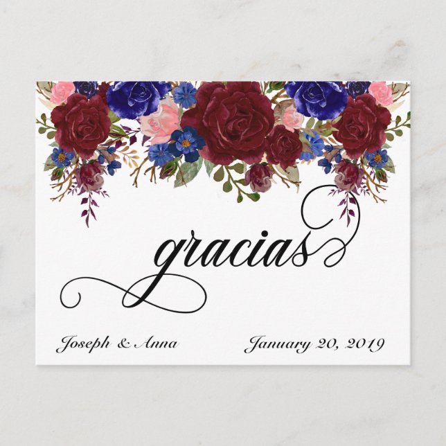Hochzeit Danke, dass Sie Spanisch Gracias Navy Bur Postkarte (Vorderseite)