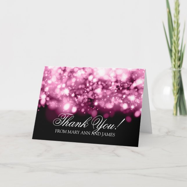 Hochzeit "Danke" funkelnde Lichter rosa Dankeskarte (Vorderseite)