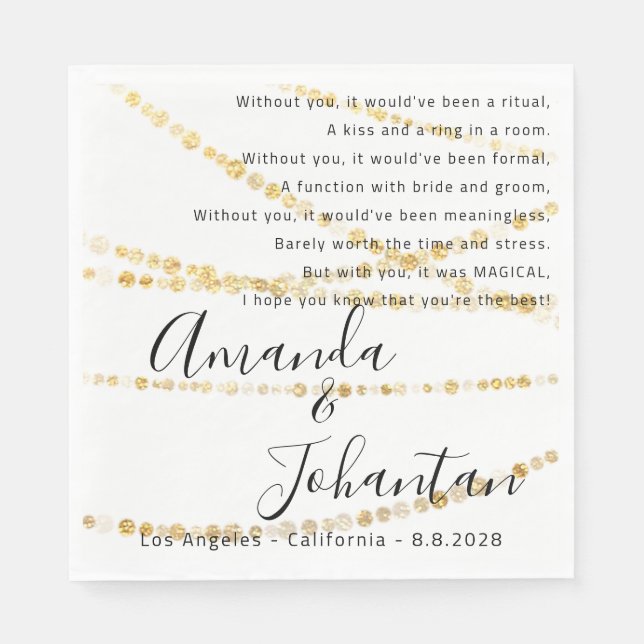 Hochzeit Danke Gedicht Gold Lights Confetti einfac Serviette (Vorderseite)
