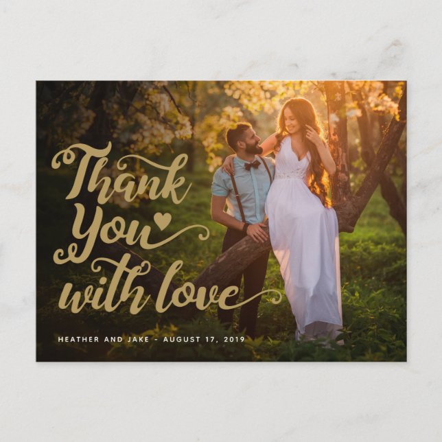 Hochzeit Danke | Gold Script Type auf Foto Postkarte (Vorderseite)