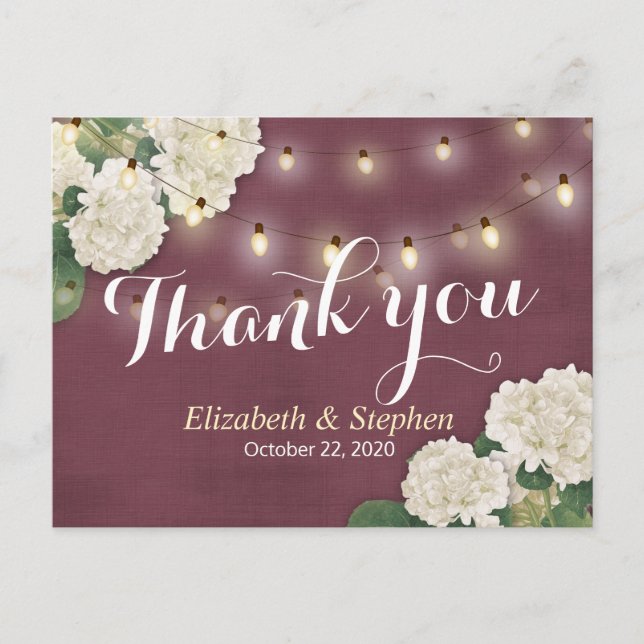 Hochzeit danke Hydrangea String Lights Burgundy Postkarte (Vorderseite)