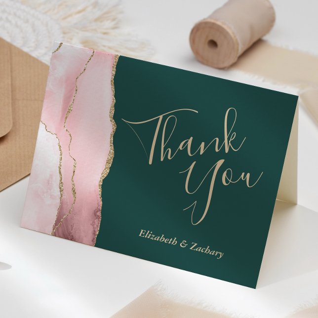 Hochzeit danke Ihnen Blush Gold Agate Emerald Gree Karte (Von Creator hochgeladen)