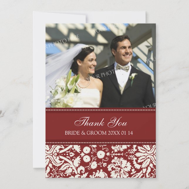 Hochzeit danke Ihnen Foto Cards Red Damask (Vorderseite)