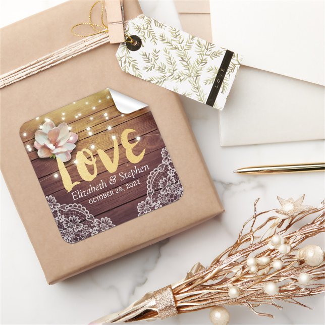 Hochzeit danke Ihnen Holz Blumenzange Lights Lace Quadratischer Aufkleber (Von Creator hochgeladen)