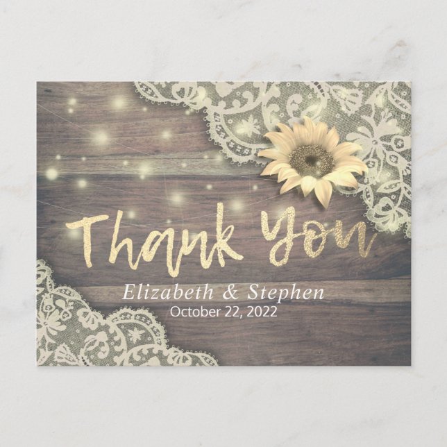 Hochzeit danke Ihnen Lace Sunflower Rustic Wood Li Postkarte (Vorderseite)