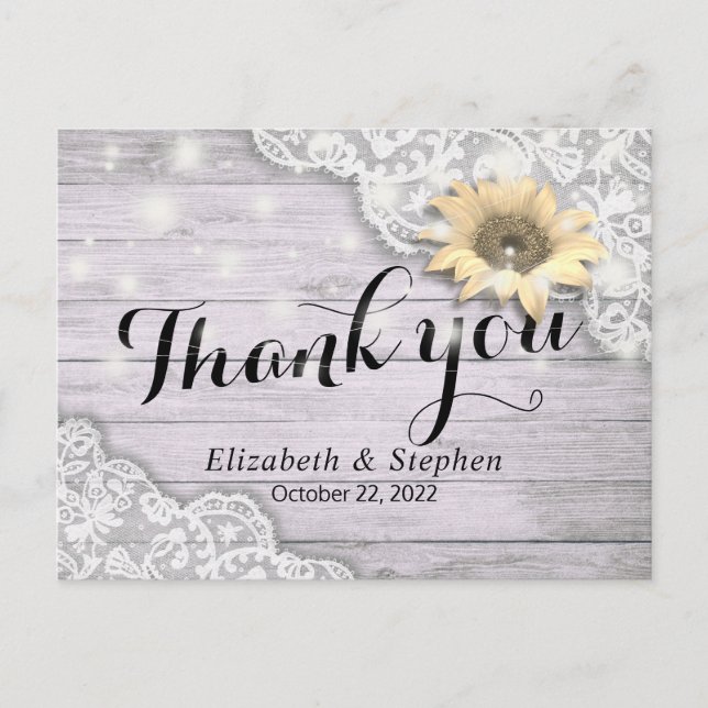 Hochzeit danke Ihnen Lace Sunflower Rustic Wood Li Postkarte (Vorderseite)