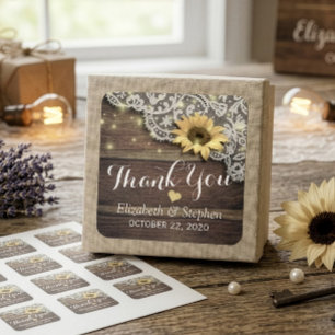 Hochzeit danke Ihnen Lace Sunflower Rustic Wood Li Quadratischer Aufkleber