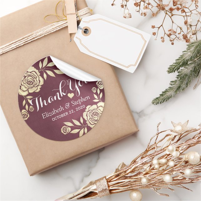 Hochzeit danke Ihnen Moderne Goldene Rose Burgundy Runder Aufkleber (Von Creator hochgeladen)