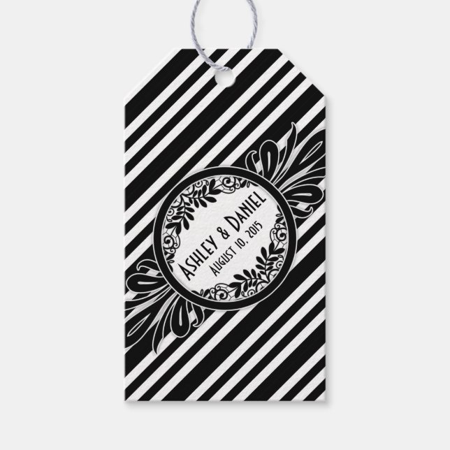 Hochzeit danke Ihnen Schwarz-weiß Stripe Floral Geschenkanhänger (Vorderseite)