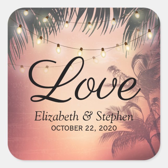 Hochzeit danke Ihnen Sommer Palm Trees String Ligh Quadratischer Aufkleber (Vorderseite)